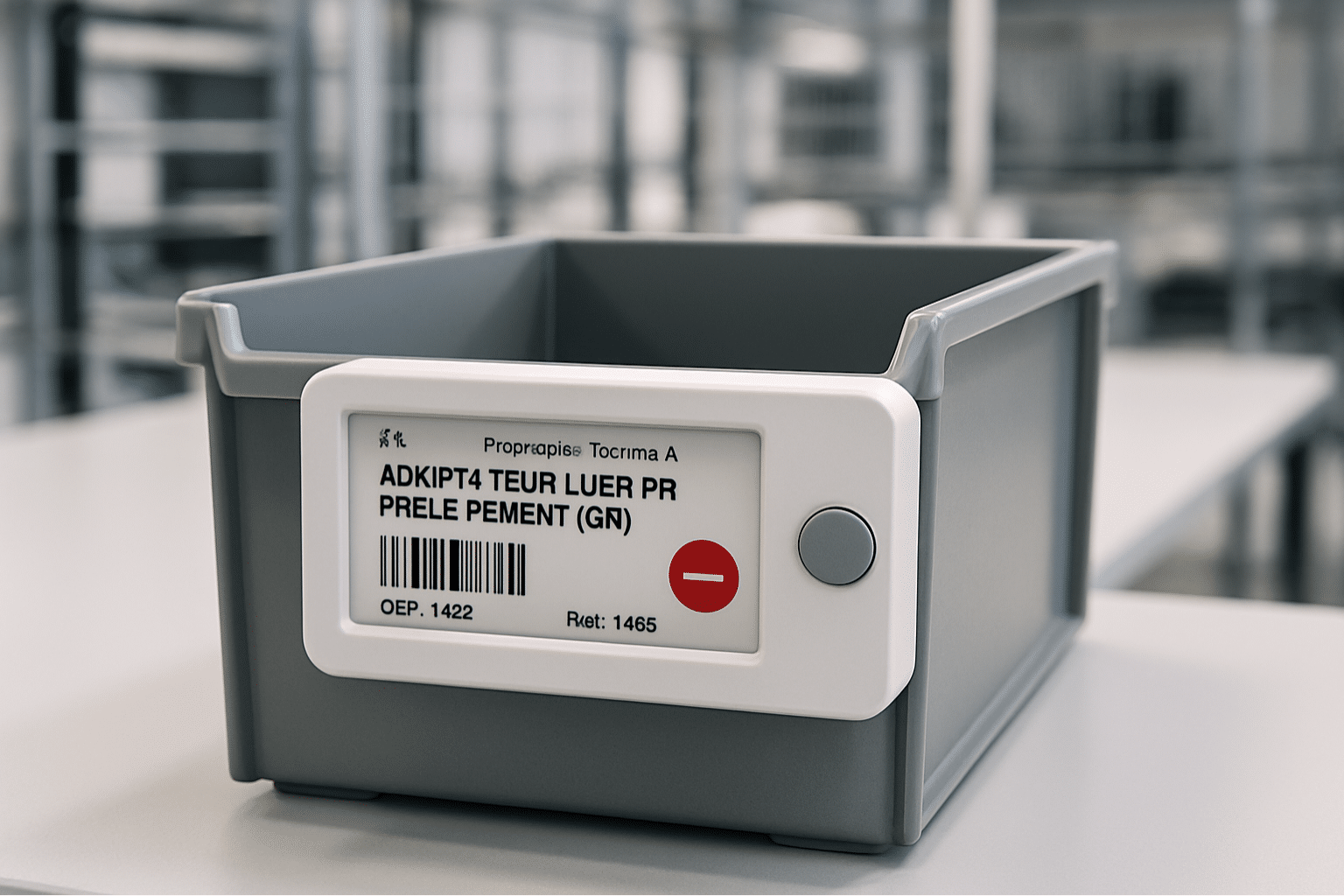 Étiquette électronique Kanban UBI Solutions utilisée pour la gestion logistique des stocks dans un entrepôt.
