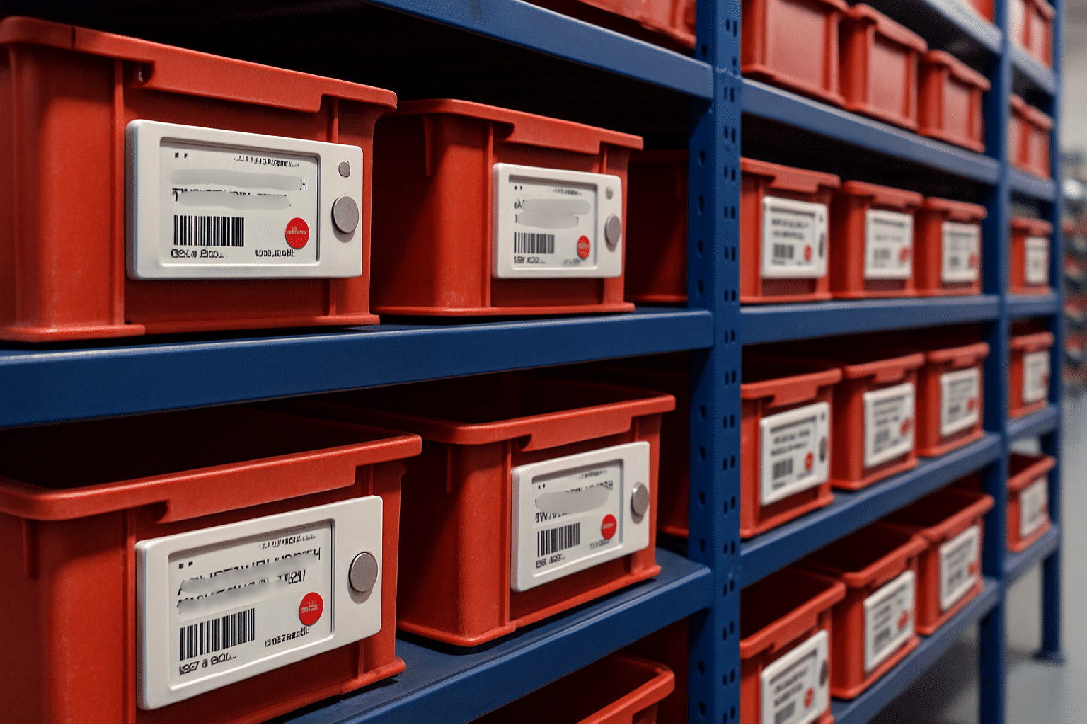 Etiquettes électroniques Kanban UBI Solutions fixées sur des bacs en plastique pour le réapprovisionnement en entrepôt.