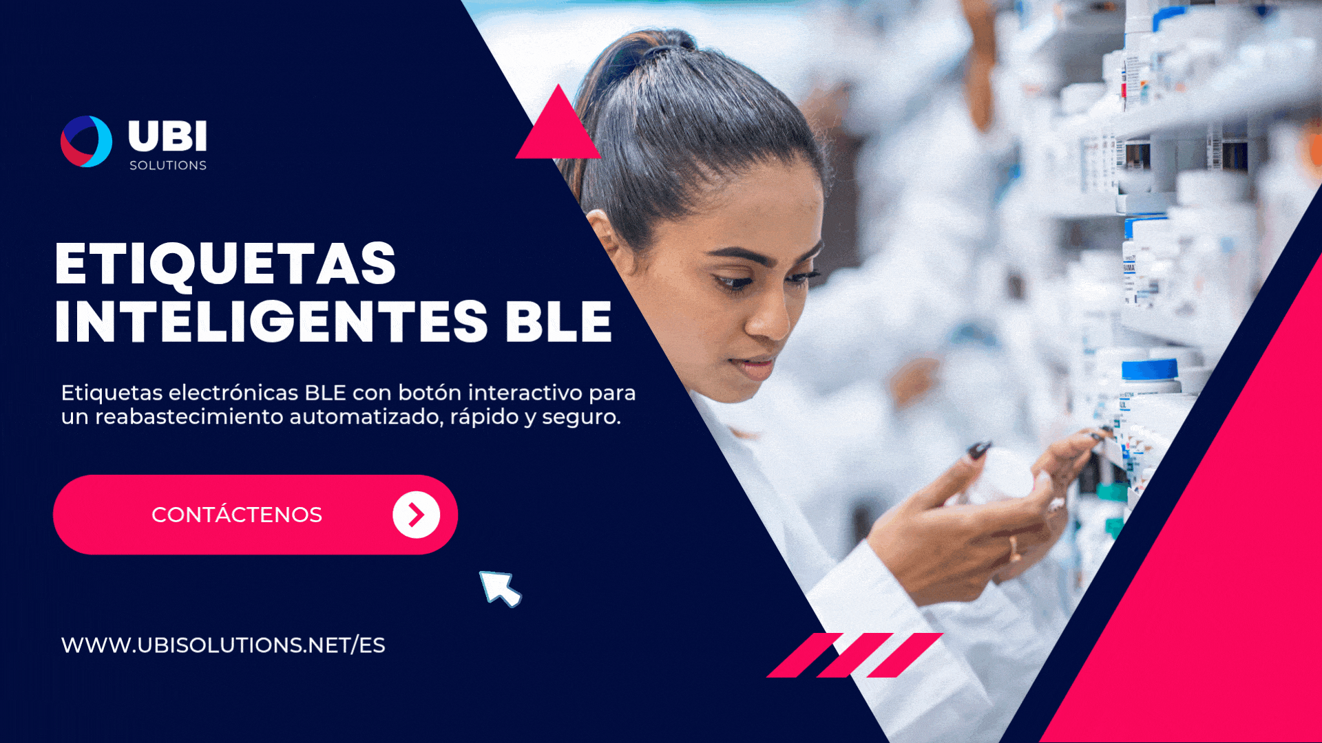 Etiqueta electrónica BLE con botón interactivo para hospitales, automatización rápida y segura del reabastecimiento.